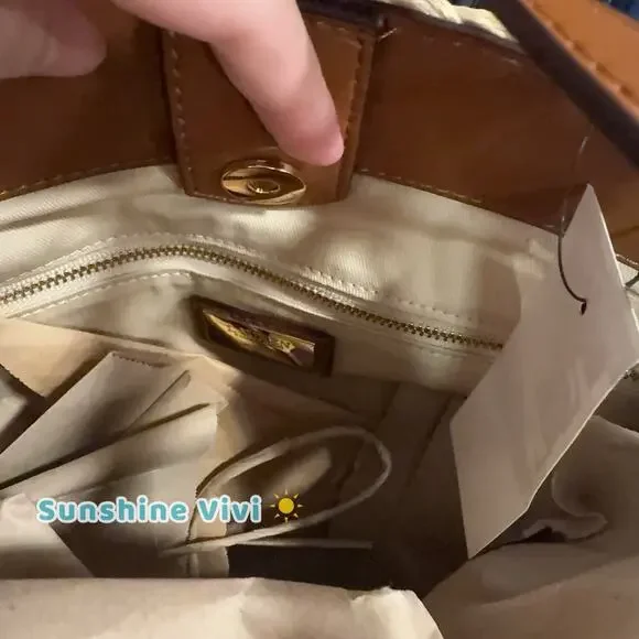 NWT Lauren RALPH LAUREN Crochet-Straw Medium Whitney Tote Natural/Lauren Tan - Picture 7 of 9